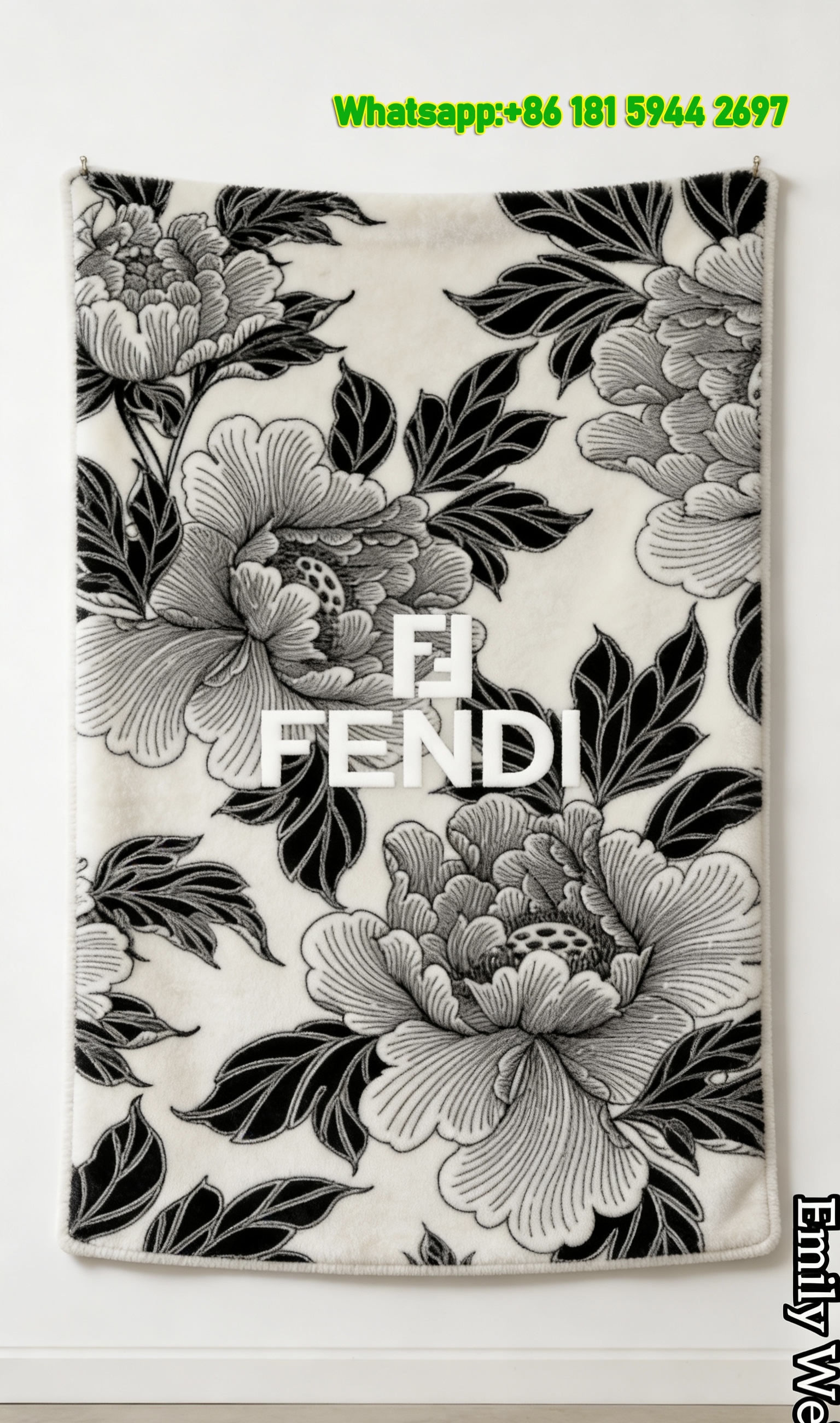 Fendi Black White Peony Floral Flannel Sofa Throw Blanket Wall Decor IMG_9523